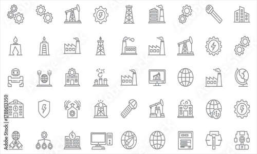Vector Icons of Energy and Industrial Concepts such as Oil Rigs, Gears, and Power Plants