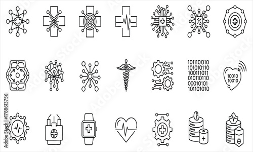 Collection of healthcare and technology icons, including medical, circuit, heart, and digital elements