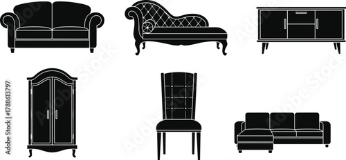 Furniture silhouette set, black and white, sofa, chair, cabinet, wardrobe, minimal design, home decor, interior elements, modern illustration
