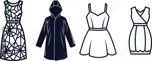 Four dark blue clothing items with white outlines on white background dress fashion