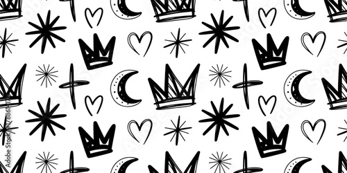 seamless pattern with crown moon and hearts