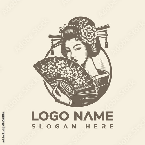 Elegant Japanese Geisha Woman with Fan Logo Vector Illustration Design