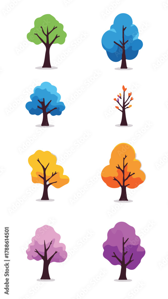 Obraz premium Colorful tree icon set vector illustration of different seasonal trees