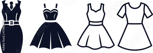 Four dark blue clothing icons including a suit dress a flared dress a sleeveless dress and a t shirt dress