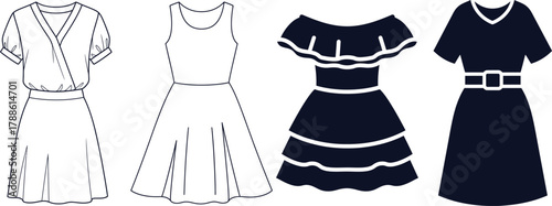 Four different styles of women's dresses shown as line art and silhouette fashion clothing