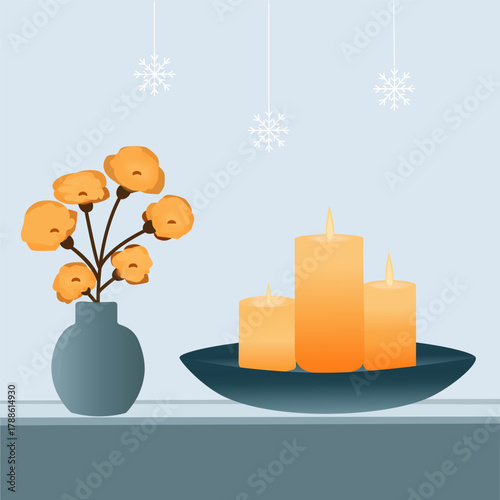  Flowers in a vase and three burning candles on the windowsill