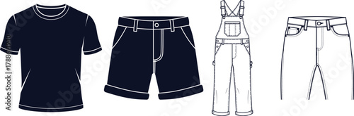 T- Shirt, Shorts, Overalls, and Jeans on White Background clothing fashion