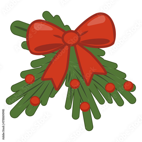  A branch of evergreen holly with berries and a red bow