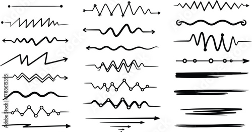Hand Drawn Arrow Lines Set, Scribble Dividers Collection on White Background, Doodle Design