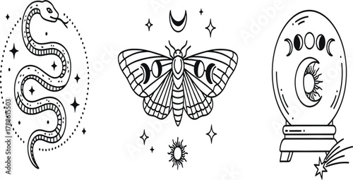 Mystical symbols featuring a snake, moth, and crystal ball, adorned with celestial elements and lunar phases, creating an enchanting and spiritual composition