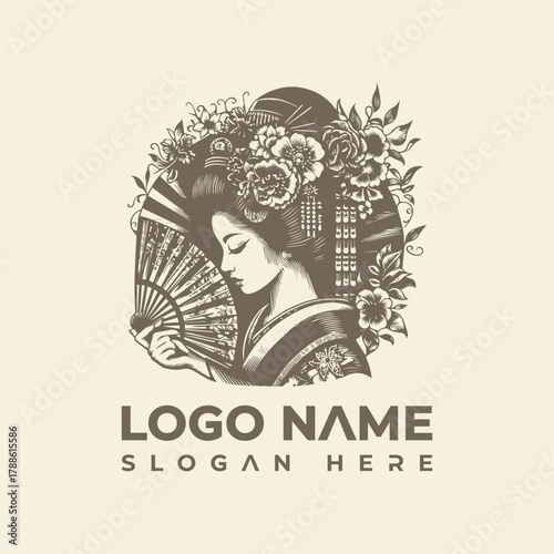 Elegant Japanese Geisha Woman Logo Vector Illustration with Floral Wreath and Fan Design