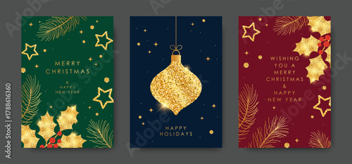 A set of Merry Christmas and Happy New Year greeting cards. A golden tree, holly berries, and stars. Luxurious brochure covers, greetings, posters, and festive vector illustrations.