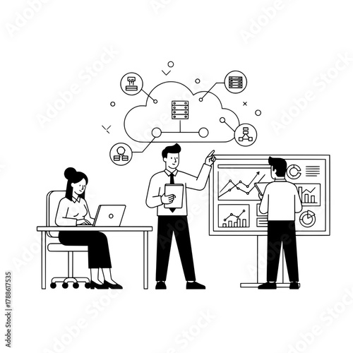 Three professional individuals collaborating on data analysis and cloud infrastructure technology in a dynamic modern office workspace