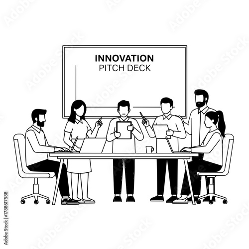 Engaged diverse business professionals discussing innovation pitch deck ideas in a productive modern office meeting room