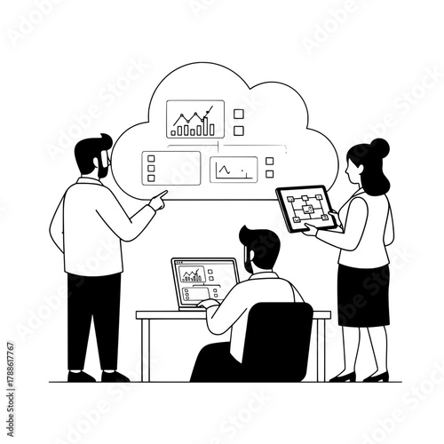 Diverse collaborative business team analyzes cloud computing data metrics in a modern professional office environment