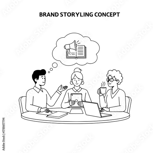 Diverse marketing professionals brainstorming brand storytelling strategies during a collaborative office meeting utilizing digital tools communication icons
