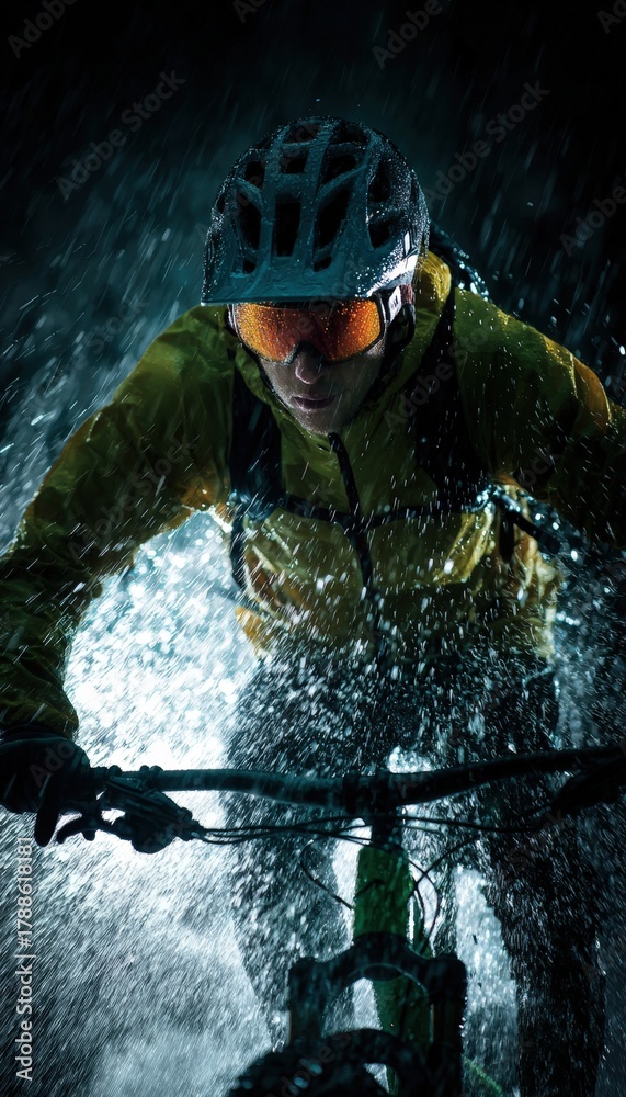 Naklejka premium Mountain Biker in Reflective Jacket Rides Through Rainstorm in Cinematic Lighting
