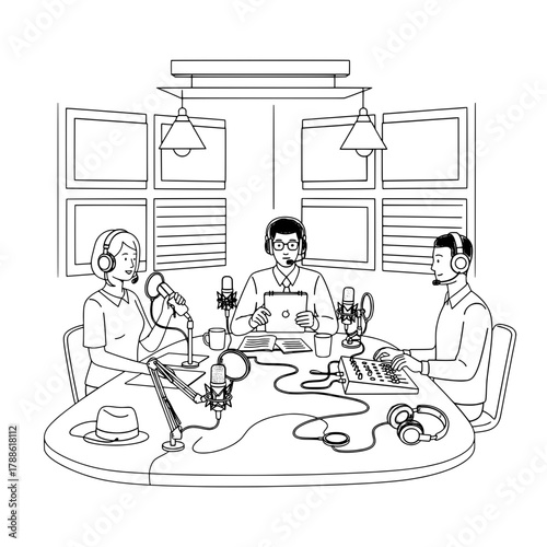 Diverse professional team of three broadcasters recording an engaging podcast in a modern studio environment equipped with advanced audio gear for digital content creation