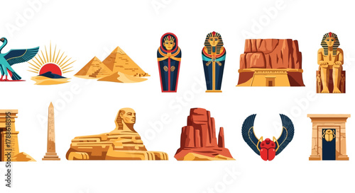 pixel art icons showcase ancient egyptian landmarks, deities, and symbols, rendered in a vibrant and stylized manner for creative projects