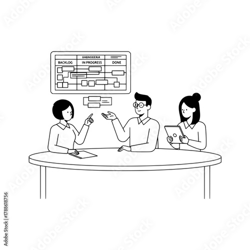 Three professionals actively discussing project management progress in a focused office meeting featuring a kanban board