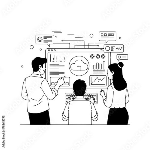 Collaborative tech team of business professionals interacting with software on a large computer monitor displaying cloud data statistics and workflow insights for system development optimization