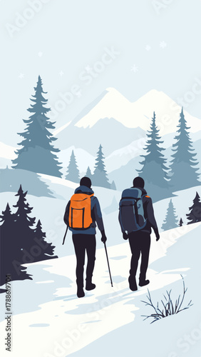 Group trekking in winter forest landscape with snow and pine trees