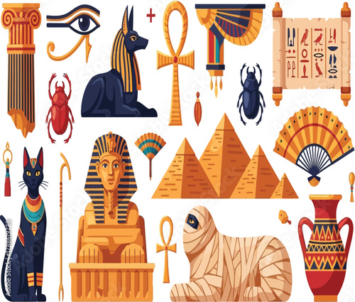 A vibrant collection of egyptian icons, featuring the sphinx, pyramids, anubis, scarab beetles, the eye of horus, and other cultural symbols