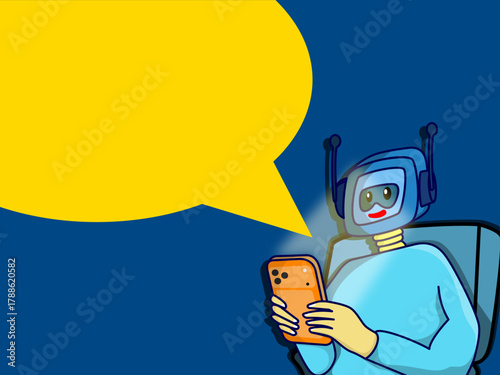 Cartoon robot using a smartphone with a large yellow speech bubble on a blue background, ideal for tech content, AI communication themes, chat apps, and digital illustrations.