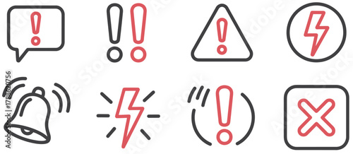 Doodle red exclamation mark, warning sign collection, hand drawn caution symbols, alert marks, highlight toxic risk, stop notification, warning icons, vector illustration
