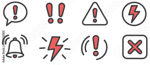 Doodle red exclamation mark, warning sign set, hand drawn caution signs, warning marks, highlight toxic risk, alert notifications, stop notification, vector illustration