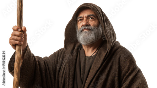 Full-body portrait of an elderly Cretan shepherd holding a wooden staff on transparent background, biblical-style man symbolizing faith, humility, and divine wisdom for Christian design