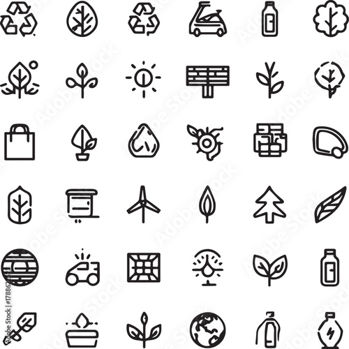 Eco and Sustainability Line Art Icons Set — Minimal Black Outline Vector Collection