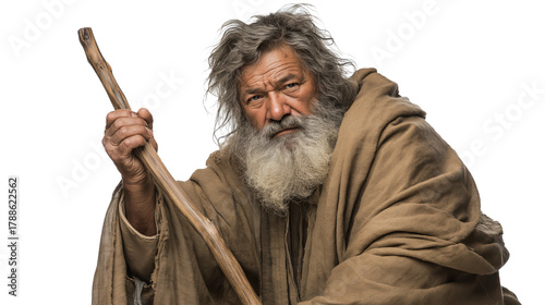 Elderly Cretan shepherd with staff on transparent background, biblical figure full-body PNG cutout symbolizing faith and wisdom for Christian design