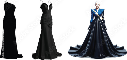 Black Gown Silhouette, Ruched Black Gown with Fur Trim, and Futuristic Blue and Black Gown