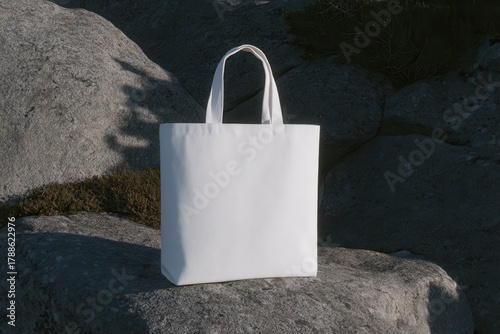 White Tote Bag on Rocky Outdoor Surface
