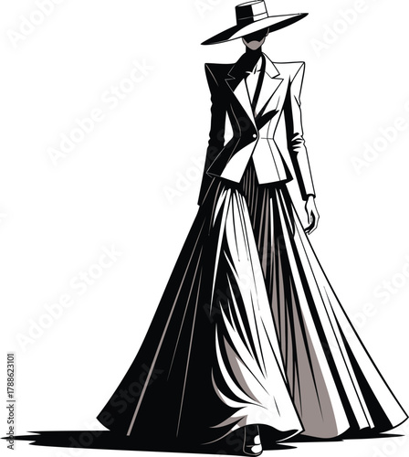 Elegant Woman in Wide- Brimmed Hat and Flowing Skirt Fashion Illustration vector