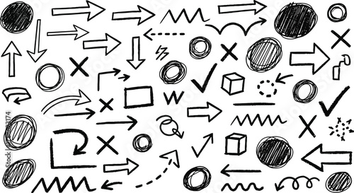 Hand Drawn Black Arrows and Shapes on White Background Doodle Elements