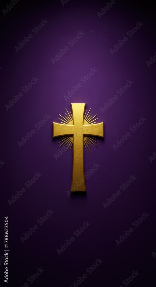 Obraz premium Brilliant golden religious cross icon centered on a deep textured royal purple fabric background, symbolizing spirituality and devotion ,worship, vibrant, ceremony