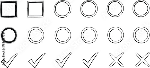 Hand Drawn Boxes, Circles, Check Marks, Cross Marks Collection on White