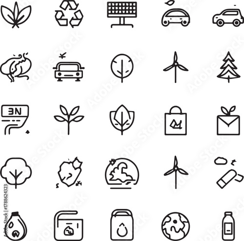 Eco and Sustainability Line Art Icons Set — Minimal Black Outline Vector Collection