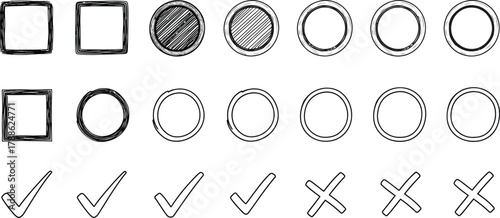 Hand Drawn Check Marks, Crosses, Circle, Square Shapes on a White Background
