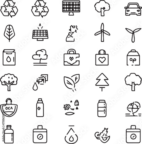 Eco and Sustainability Line Art Icons Set — Minimal Black Outline Vector Collection