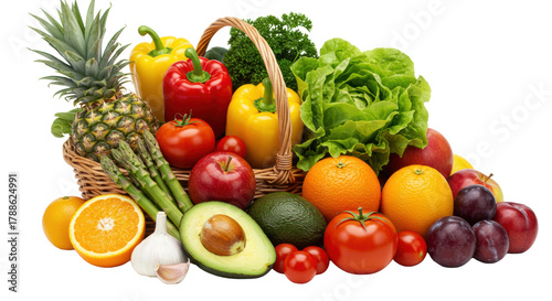Woven wicker basket overflowing with vibrant fresh fruits and vegetables (pineapple, avocado, tomatoes) on a white background with copy space, natural abundance concept