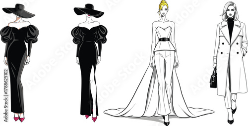 Four Fashionable Women in Elegant Dresses and Outfits on White Background illustration