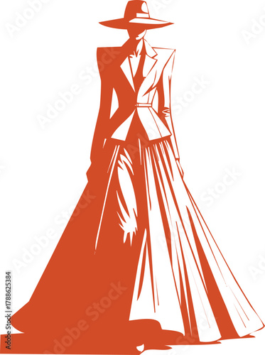Orange Silhouette of a Woman in a Wide- Brimmed Hat and Flowing Skirt fashion illustration