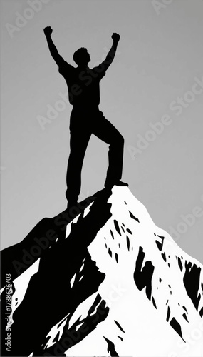 A black and white illustration of a silhouette of a man who climbed to the top of a mountain and raised his hands in delight. Vector graphics. EPS.