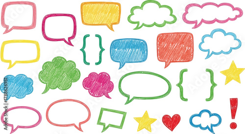 Hand Drawn Colorful Speech Bubbles and Symbols Collection on White Background