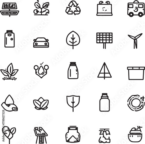 Eco and Sustainability Line Art Icons Set — Minimal Black Outline Vector Collection