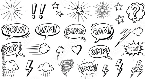 Hand Drawn Comic Speech Bubbles with Exclamations and Cartoon Lightning Bolts