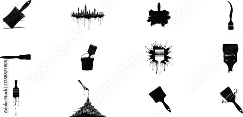 Collection of diverse art and craft tools including paintbrushes and drawing implements in silhouette and color
